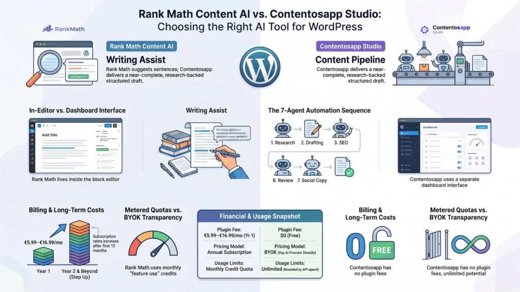Comparison infographic between Rank Math Content AI and Contentosapp Studio, highlighting differences in user interface, in-editor writing assistance versus a 7-agent content pipeline, and monthly credit quotas compared to a free BYOK model.