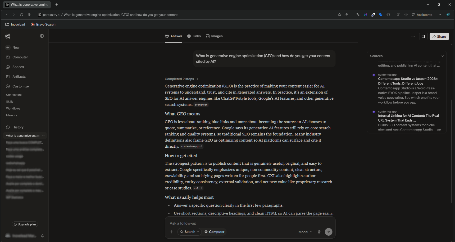 Perplexity listing contentosapp.com among the cited sources for a GEO query