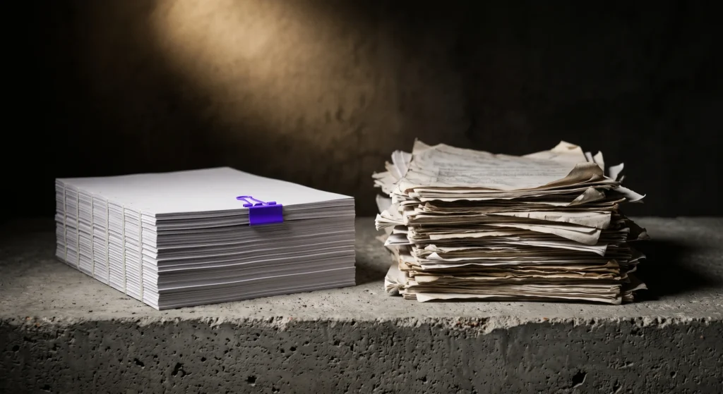 AI blog writer output comparison — polished publish-ready article stack vs. rough unedited draft stack on concrete surface