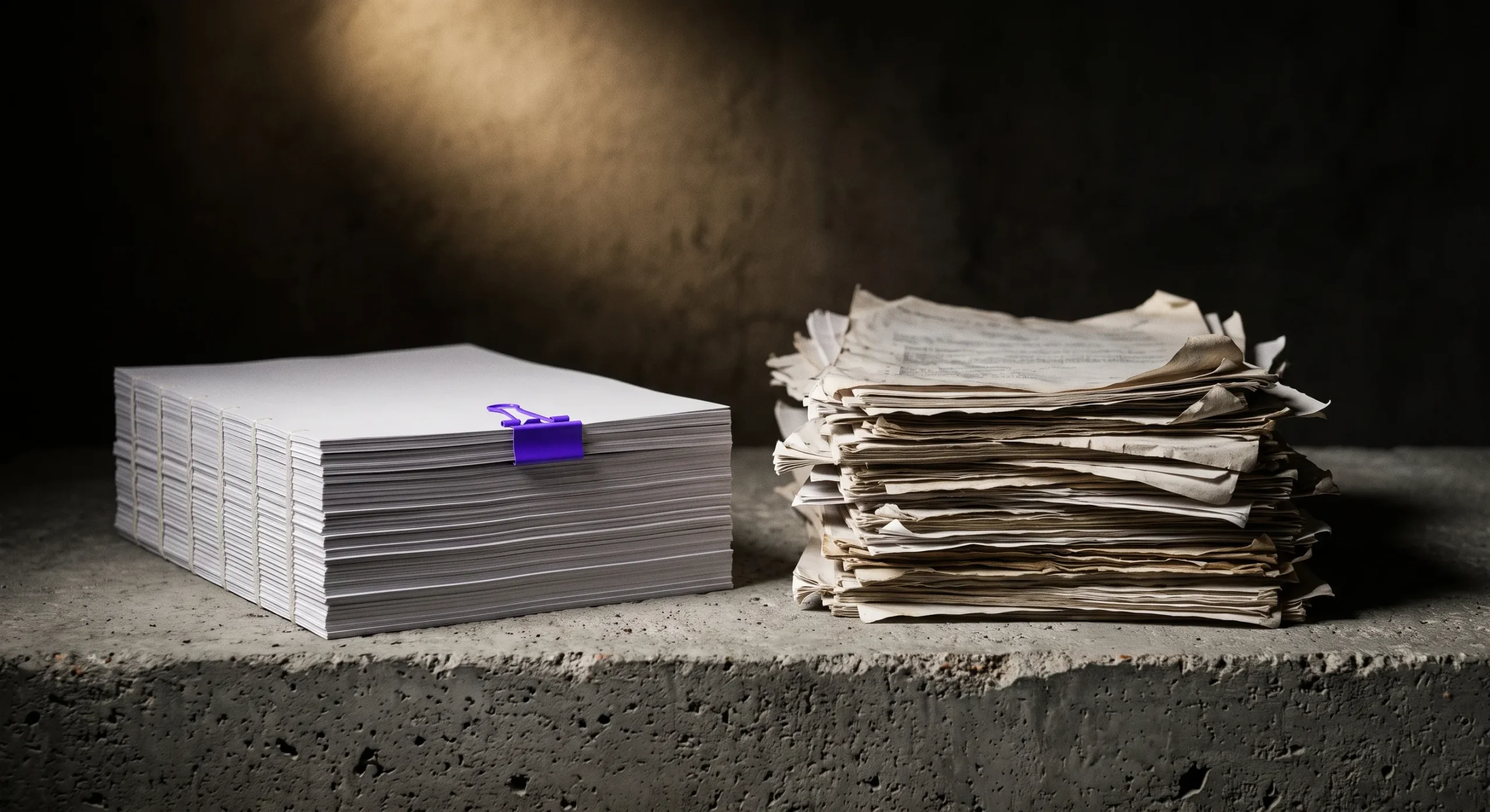 AI blog writer output comparison — polished publish-ready article stack vs. rough unedited draft stack on concrete surface