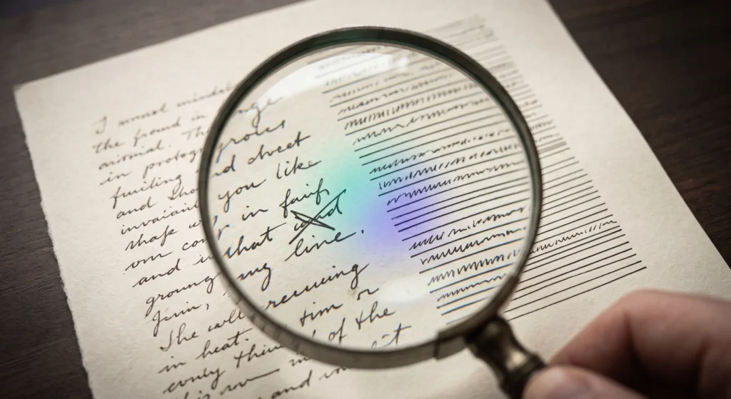 A magnifying glass over a page comparing human handwriting with uniform machine-printed lines, illustrating AI content detection.