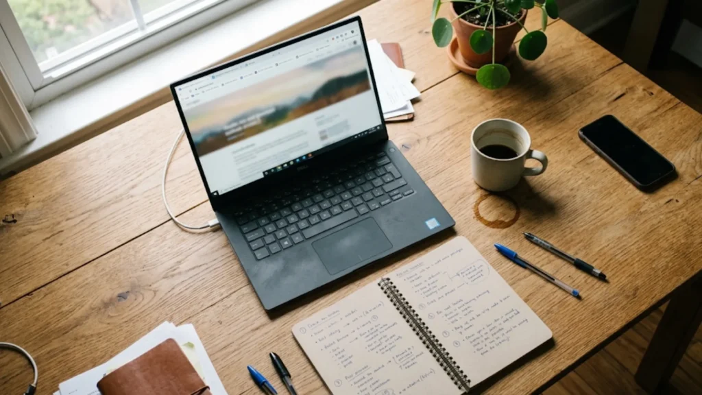 Desk with laptop, handwritten notes, and coffee while researching answer engine optimization services