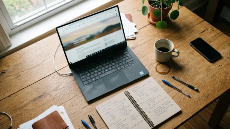 Desk with laptop, handwritten notes, and coffee while researching answer engine optimization services