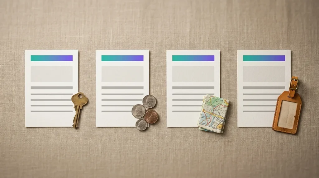 Four identical page templates on linen, each paired with an object from a different industry — a key, coins, a map, a luggage tag — one programmatic SEO template, different data.