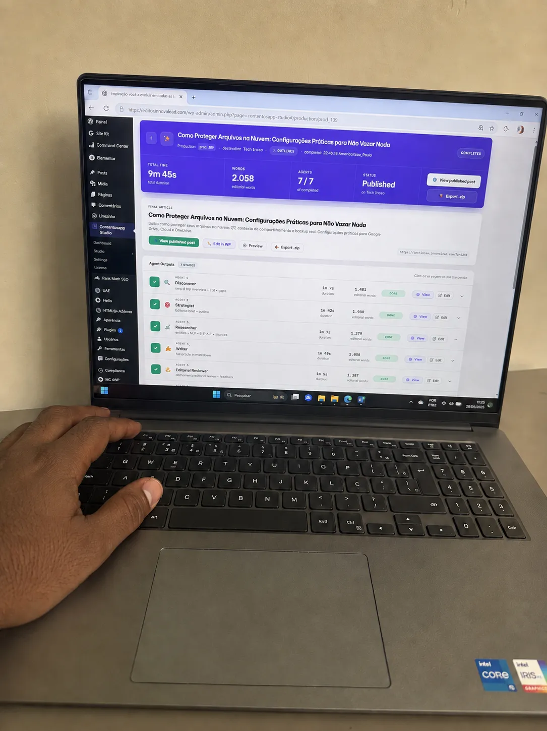 Herbert's laptop showing a completed Contentosapp Studio production inside WordPress