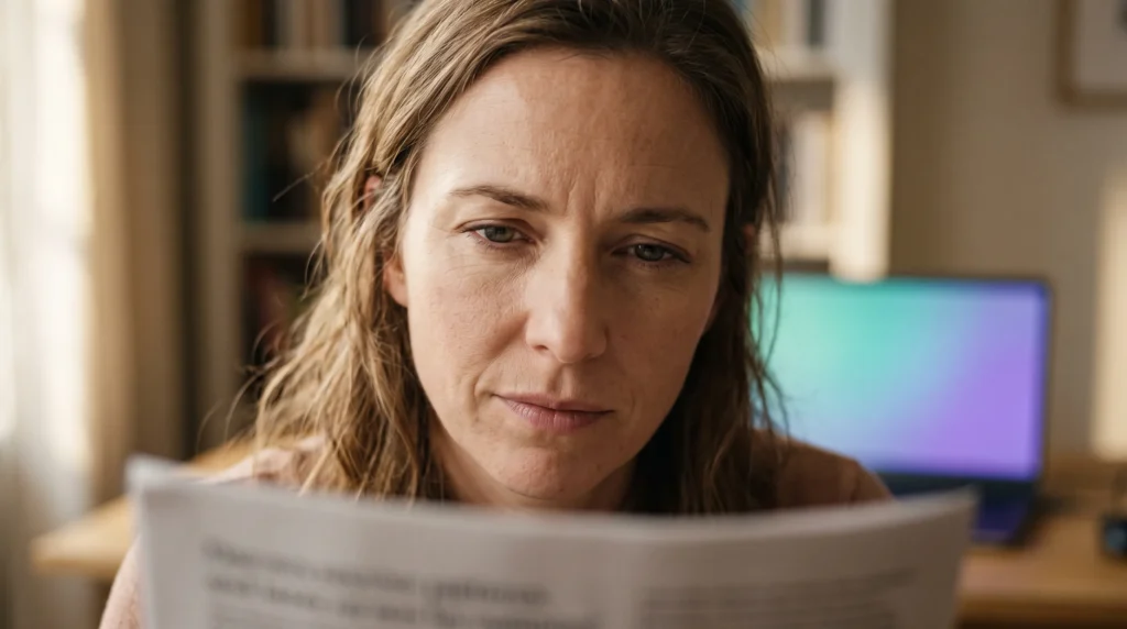 A woman reading a printed page with a focused, skeptical expression, using a trained eye to spot the signs of AI writing.