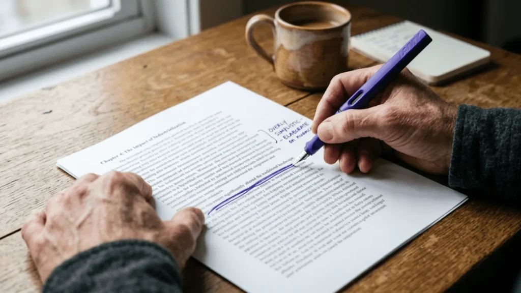 Editor's hand crossing out AI-generated text on printed page to humanize AI content with a violet pen