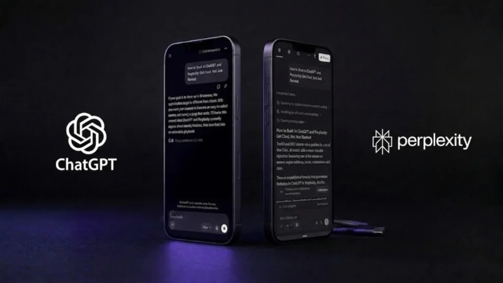 Photo of two smartphones side by side against a dark background with purple lighting, one displaying the ChatGPT app and one displaying the Perplexity app, each company's logo shown beside its phone