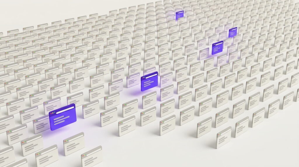 Isometric grid of hundreds of near-identical web pages with a few unique pages highlighted, illustrating programmatic SEO at scale