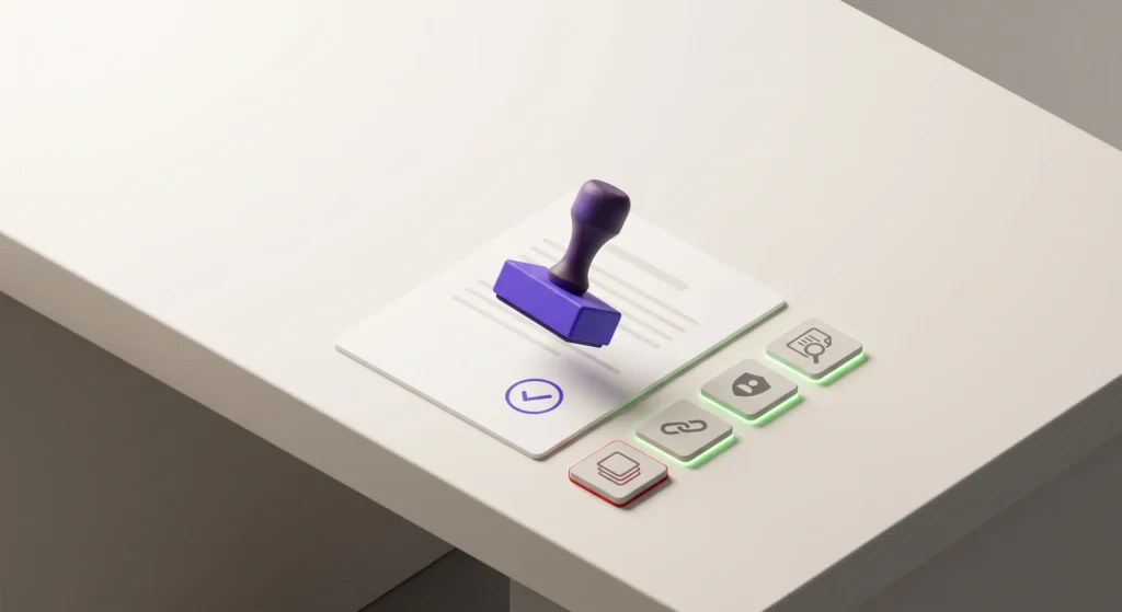 Isometric illustration of an editorial approval stamp confirming a page passed four quality checks before publishing