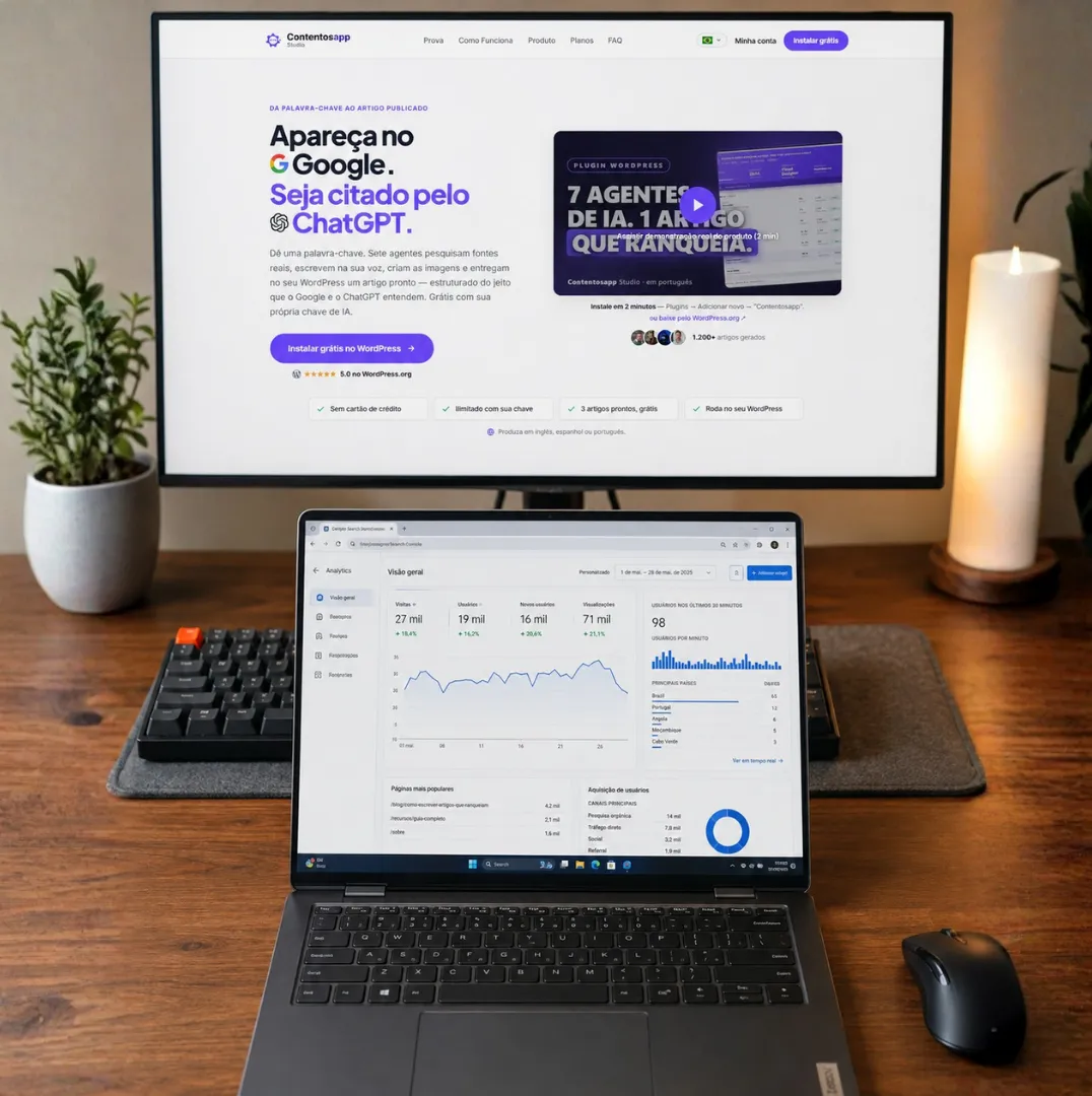 Jonas's workspace with the Contentosapp landing page on a monitor and Analytics on a laptop