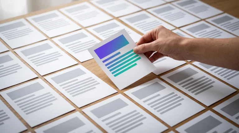 A hand selecting one finished, color-coded page from a grid of identical grey draft layouts, illustrating the human review step in programmatic SEO.