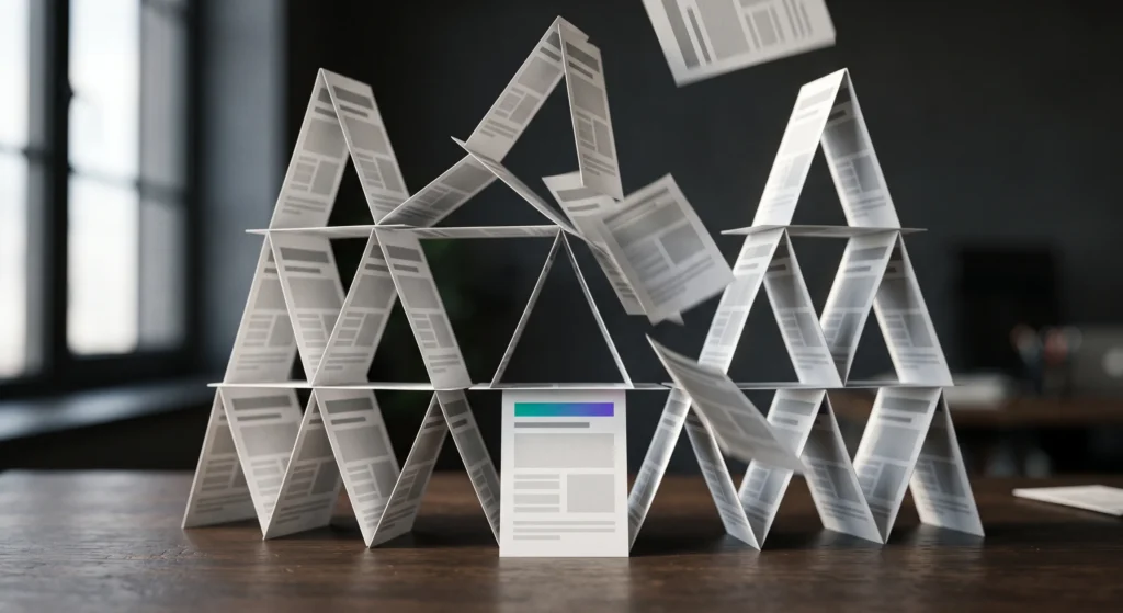 A house of cards built from identical template pages, mid-collapse — a metaphor for how mass-produced programmatic SEO pages fall apart.