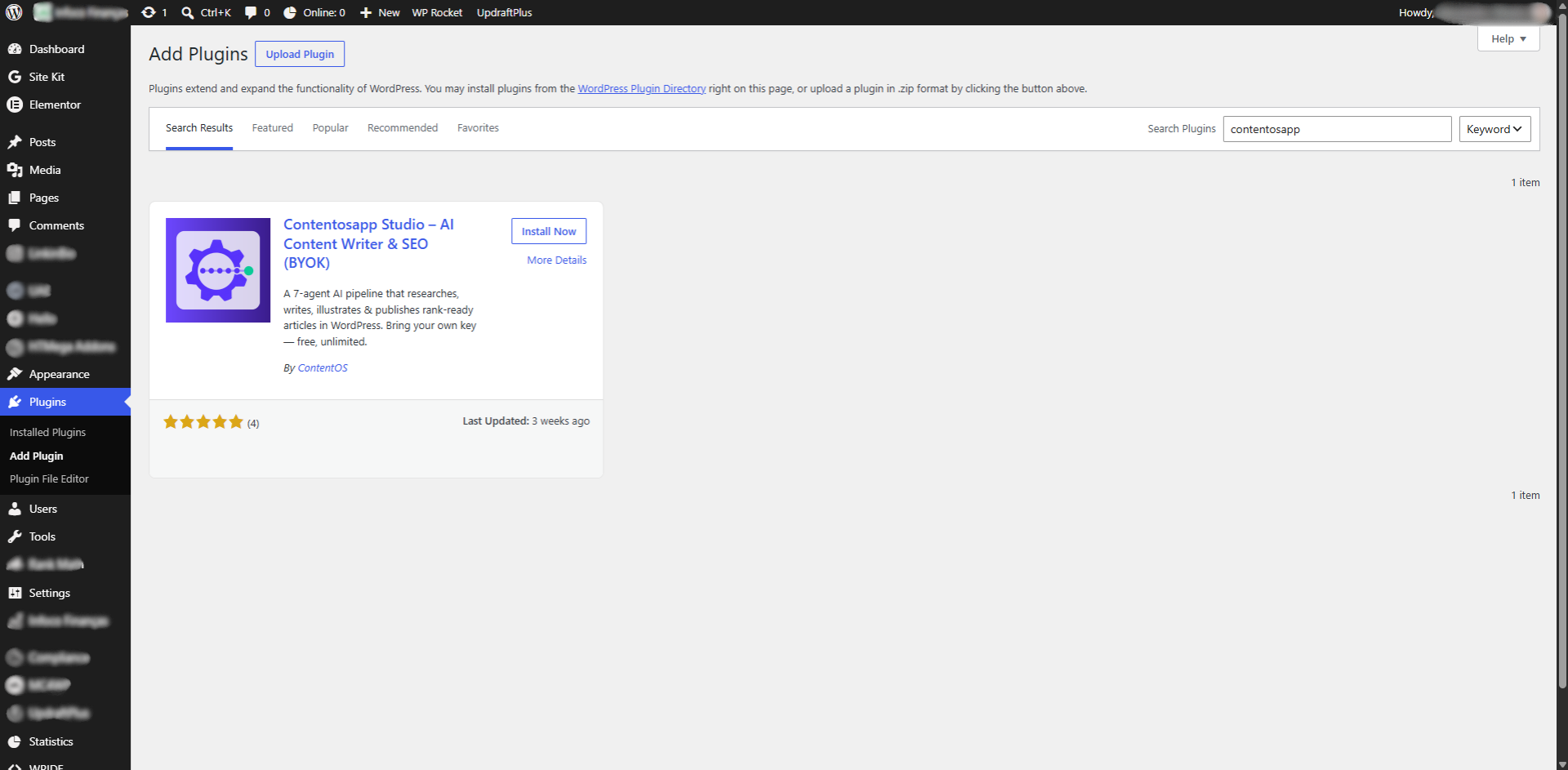Real WordPress plugin search showing Contentosapp Studio
