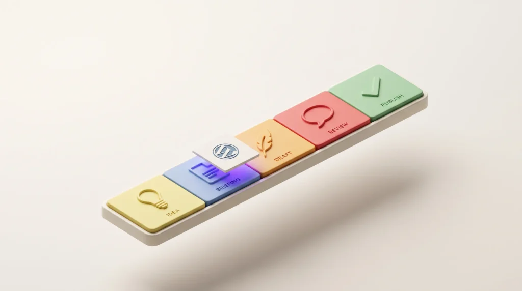 Five color-coded stage tiles with carved icons — bulb, document, pen, speech bubble, checkmark — on a track, one lit by a violet glow