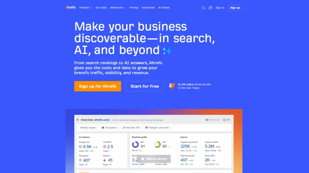 Best AI SEO Tools: Ahrefs homepage showing its 'Make your business discoverable' headline and AI citation tracking dashboard