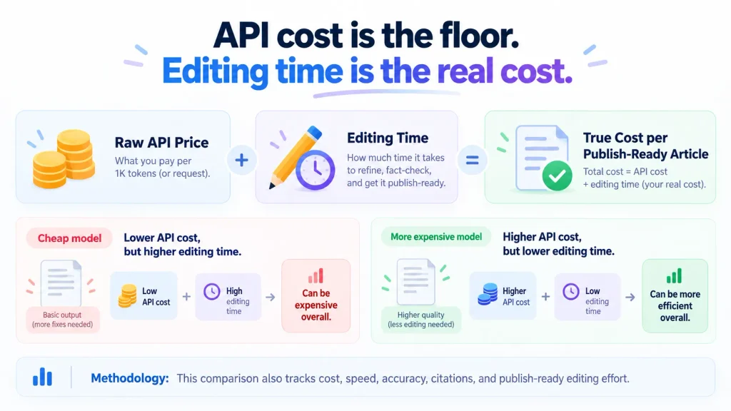 Diagram: true cost per publish-ready article equals API price plus editing time; cheap models can cost more overall