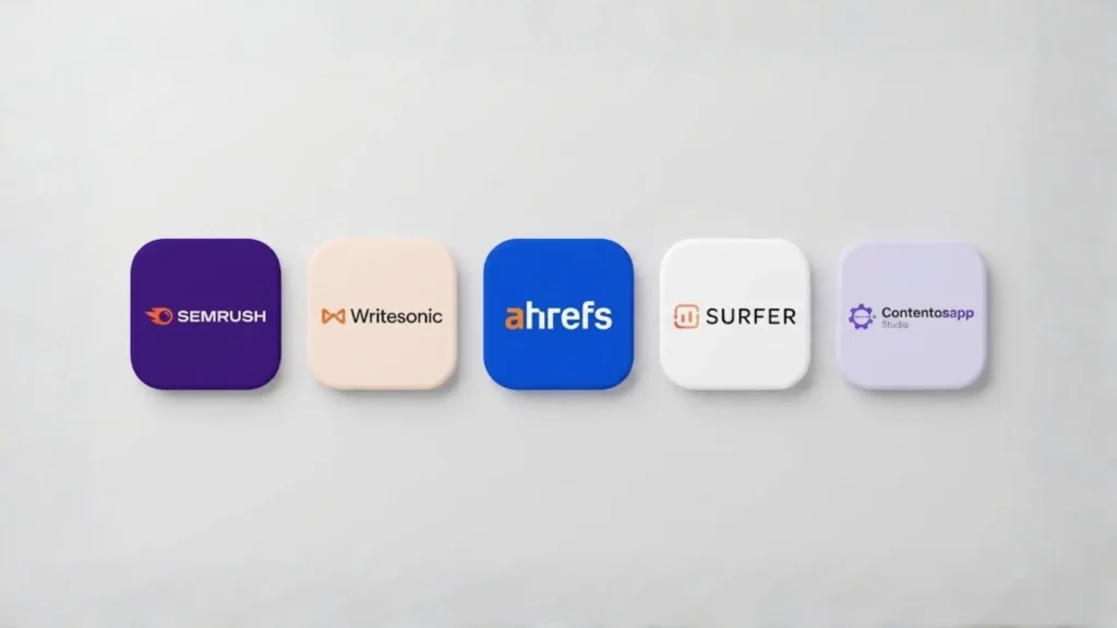 Five app-icon tiles displaying the logos of Semrush, Writesonic, Ahrefs, Surfer, and Contentosapp Studio