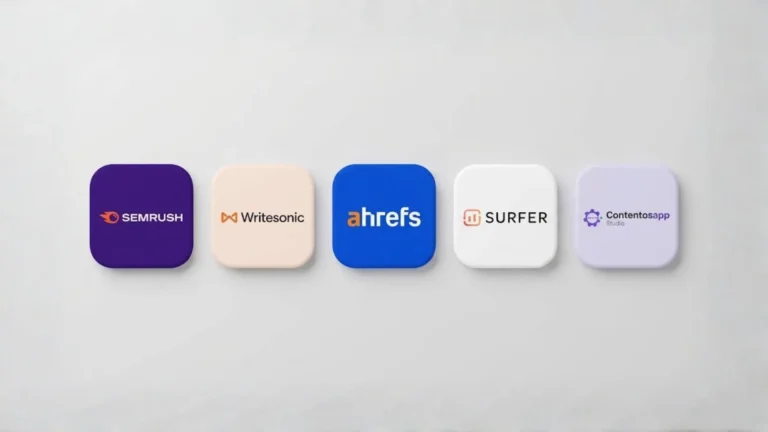 Five app-icon tiles displaying the logos of Semrush, Writesonic, Ahrefs, Surfer, and Contentosapp Studio
