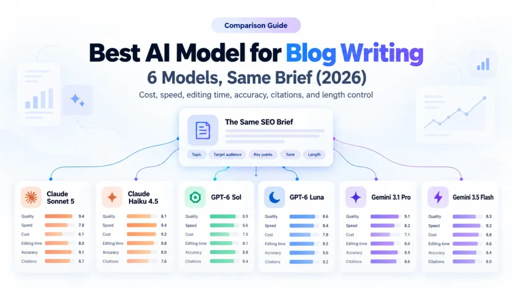 Comparison of six AI models for blog writing tested on the same two SEO briefs: Claude, GPT-6 and Gemini