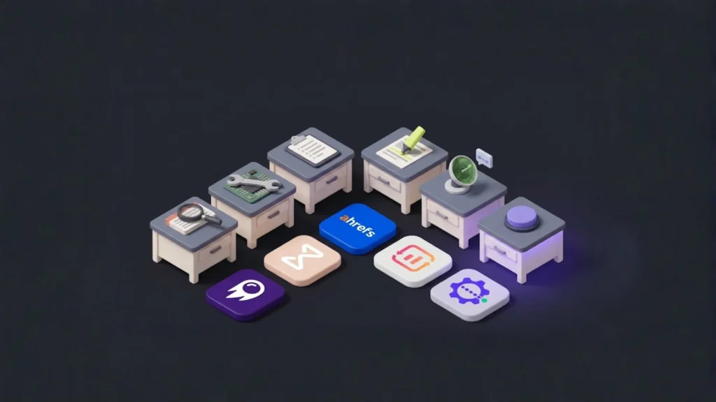 Best AI SEO Tools: Isometric illustration of six job-themed workbenches above a row of colorful tool-icon tiles including Ahrefs