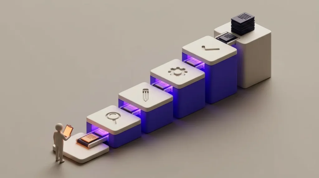 Content Scaling: Isometric illustration of a faceless figure with a tablet beside four ascending violet stages, ending in a tall finished stack