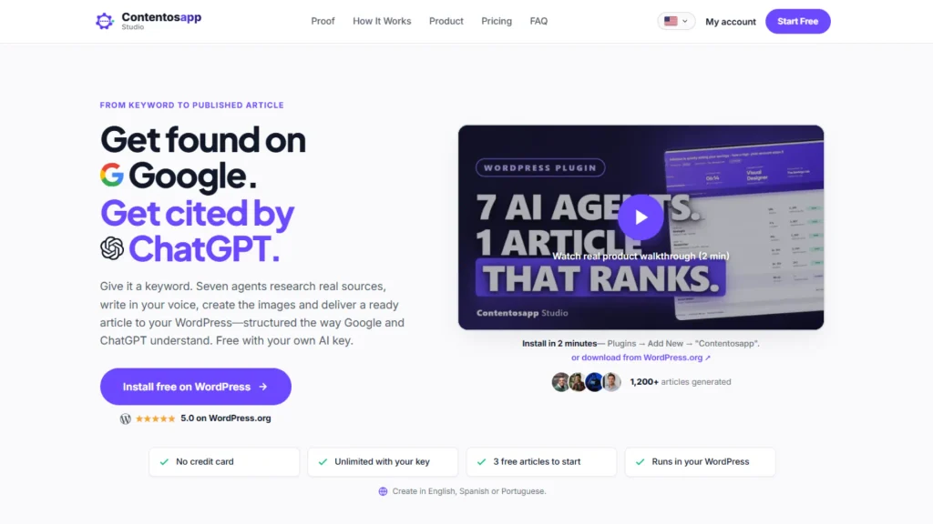 Best AI SEO Tools: Contentosapp Studio homepage showing 'Get found on Google. Get cited by ChatGPT.' headline and 7-agent pipeline badge