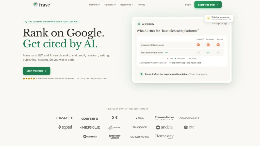 Best AI SEO Tools: Frase homepage showing 'Rank on Google. Get cited by AI.' headline with an AI-citation-tracking panel