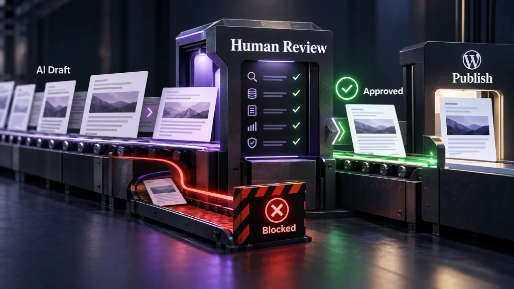 How to Automate WordPress Posts:: AI-generated WordPress drafts passing through a human review gate before approval and publication