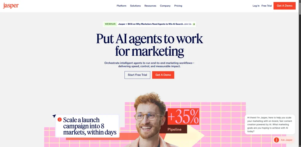 Jasper homepage showing its 'Put AI agents to work for marketing' headline with a live AI chat assistant widget