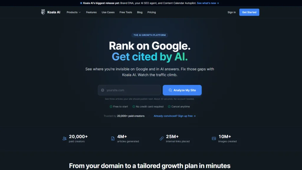 Koala AI homepage showing its 'Rank on Google. Get cited by AI.' headline and site-analysis search tool