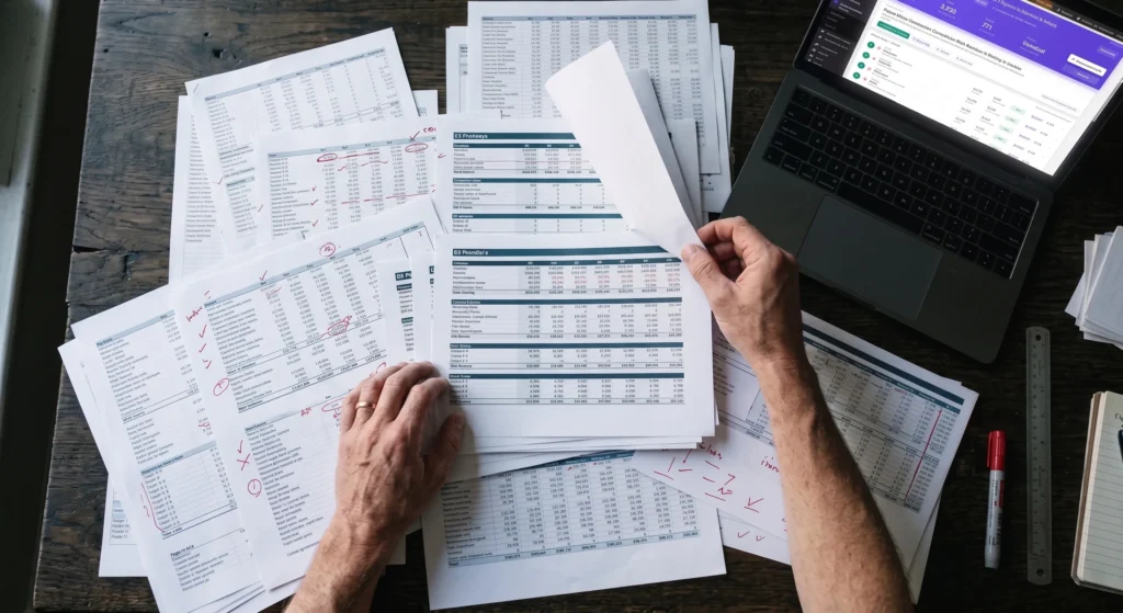 Hands sorting tiered data sheets on a wooden desk, representing programmatic content architecture at scale