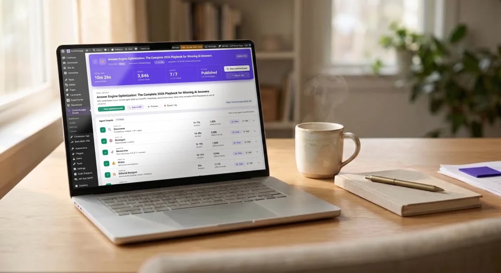 Laptop on a wooden desk showing the Contentosapp Studio BYOK settings screen with the API key field open