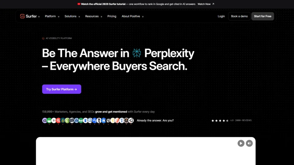Best AI SEO Tools: Surfer homepage showing its 'AI Visibility Platform' badge and 'Be The Answer' tagline