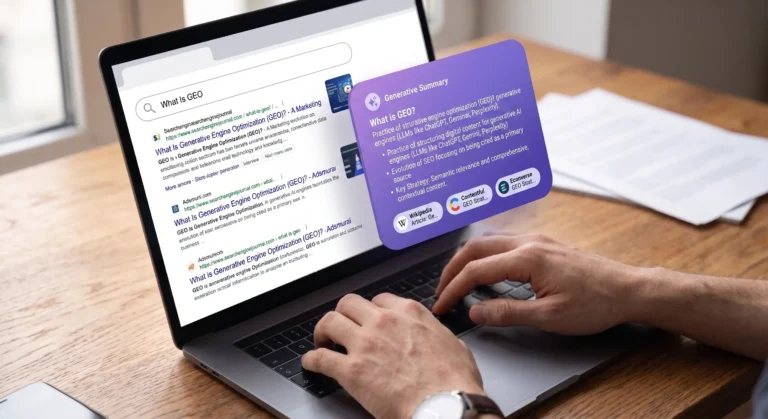 What Is GEO: Hands typing on a laptop showing a search-results list on screen, with a violet AI-answer card and three source tags floating above it