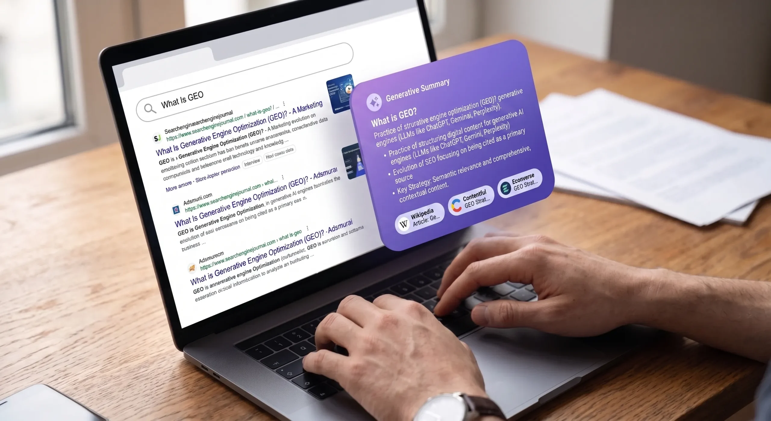 What Is GEO: Hands typing on a laptop showing a search-results list on screen, with a violet AI-answer card and three source tags floating above it