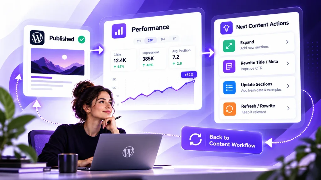 Post-publish WordPress content workflow showing performance data leading to expand, update, rewrite, and refresh decisions