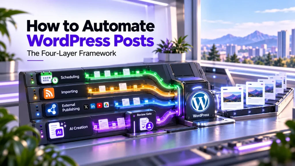 How to Automate WordPress Posts: Four-layer WordPress post automation framework showing scheduling, importing, external publishing, and AI creation converging into WordPress