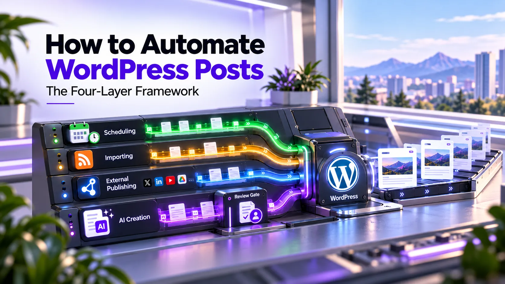 How to Automate WordPress Posts: Four-layer WordPress post automation framework showing scheduling, importing, external publishing, and AI creation converging into WordPress