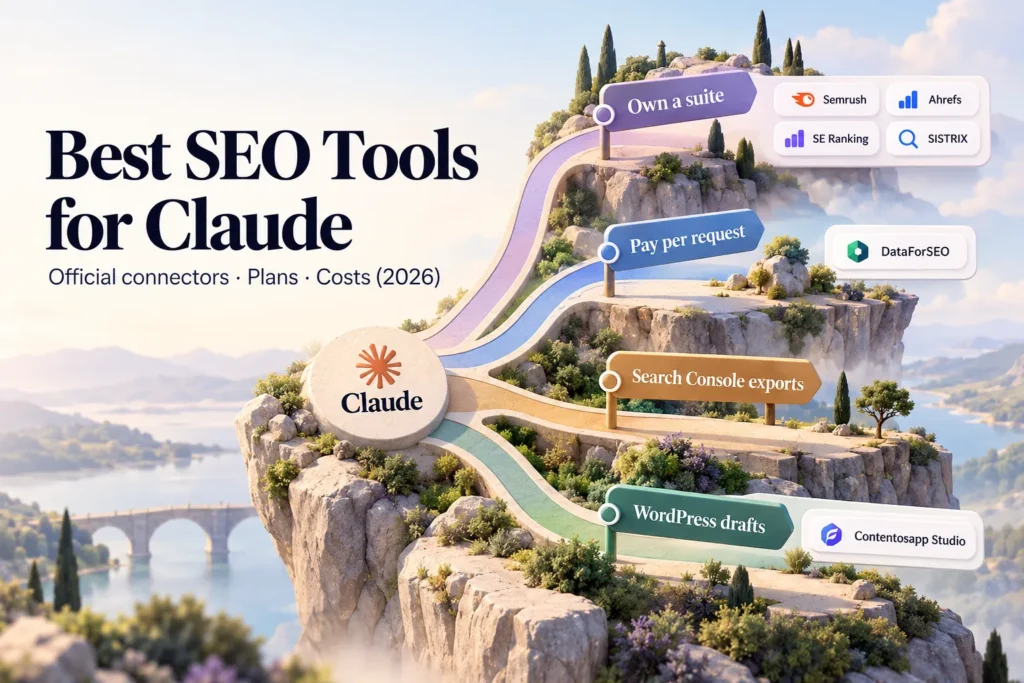 Best SEO tools for Claude in 2026, illustrating Semrush, Ahrefs, SE Ranking, SISTRIX and DataForSEO connectors alongside Search Console exports and WordPress publishing workflows