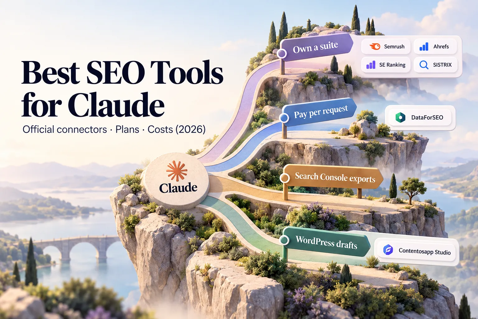 Best SEO tools for Claude in 2026, illustrating Semrush, Ahrefs, SE Ranking, SISTRIX and DataForSEO connectors alongside Search Console exports and WordPress publishing workflows