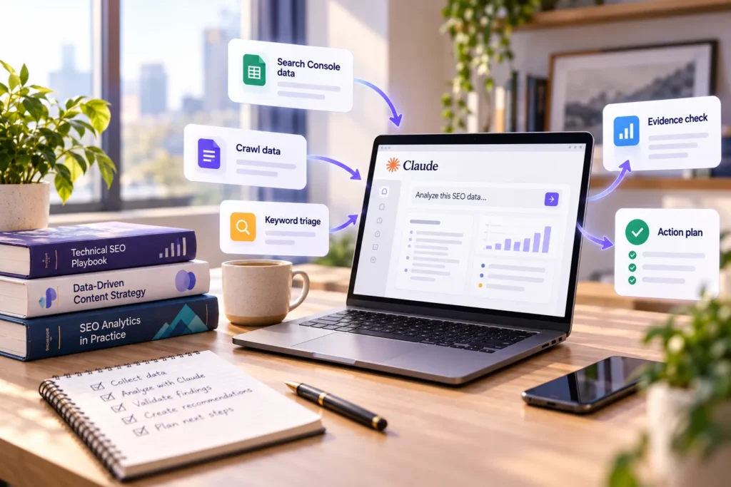 Claude SEO workflow analyzing Search Console data, website crawl reports and keywords to produce evidence-based SEO audits and action plans