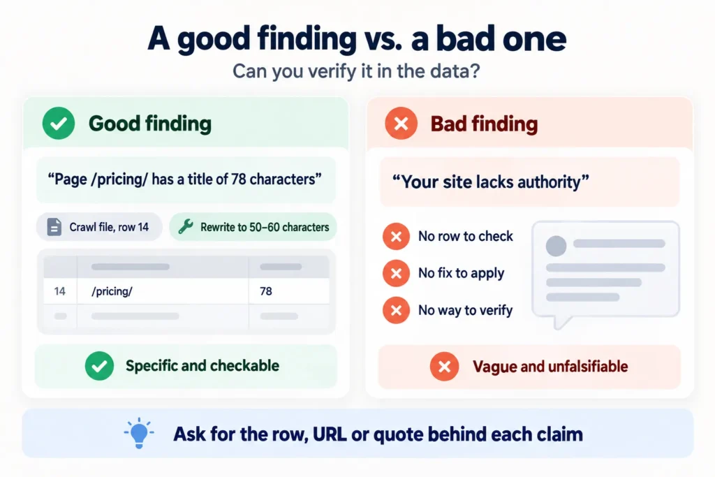 Good SEO finding versus bad SEO finding, showing that a Claude SEO audit is useful only when each claim can be verified with a row, URL or quoted evidence