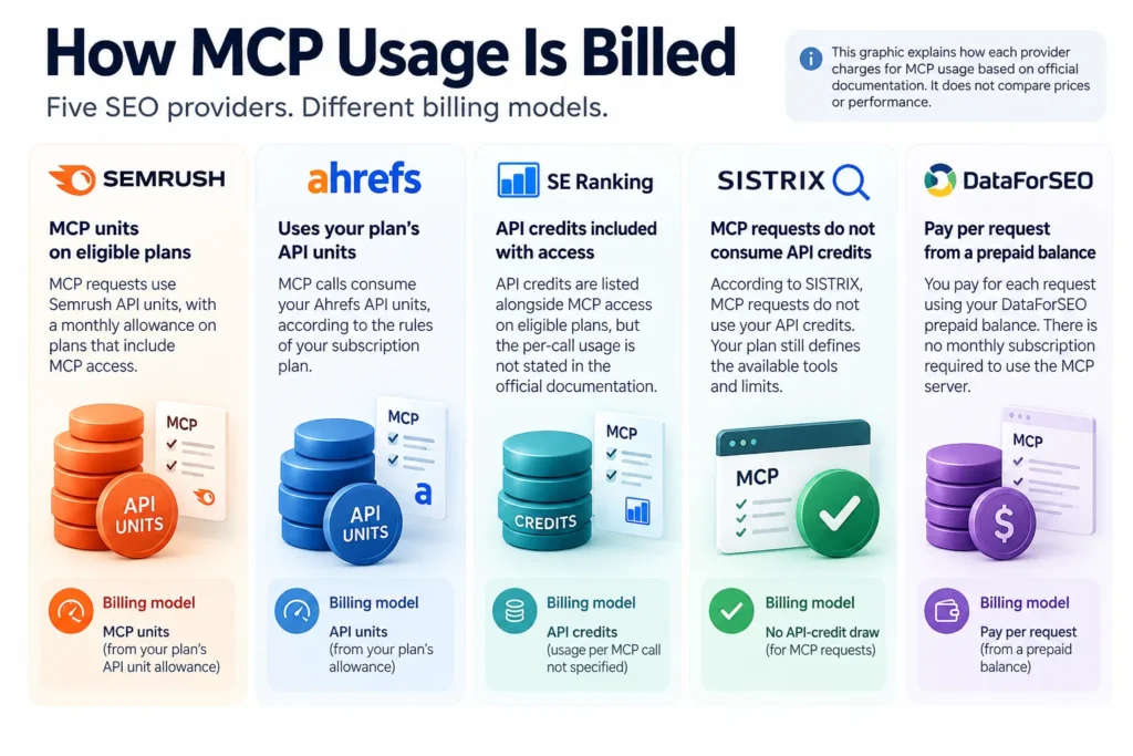 Comparison of MCP billing models for five SEO tools for Claude: Semrush, Ahrefs, SE Ranking, SISTRIX and DataForSEO, showing API units, credits and pay-per-request pricing.