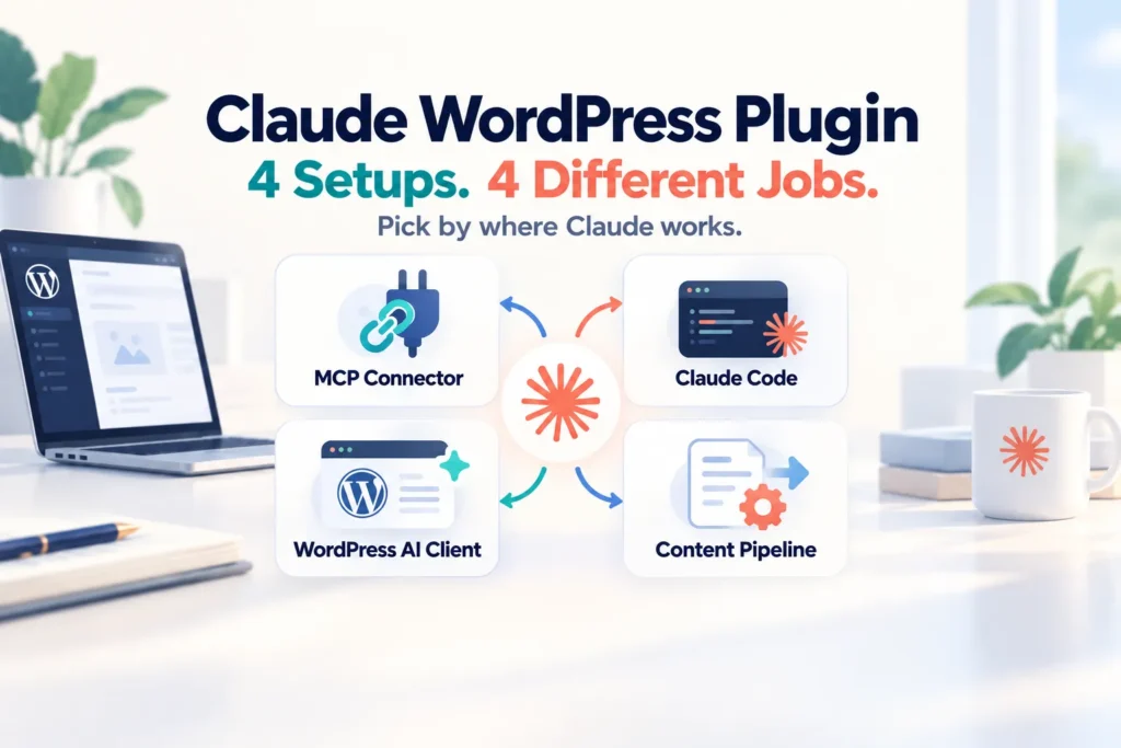 Claude WordPress plugin guide showing four setups: MCP Connector, Claude Code, WordPress AI Client, and Content Pipeline