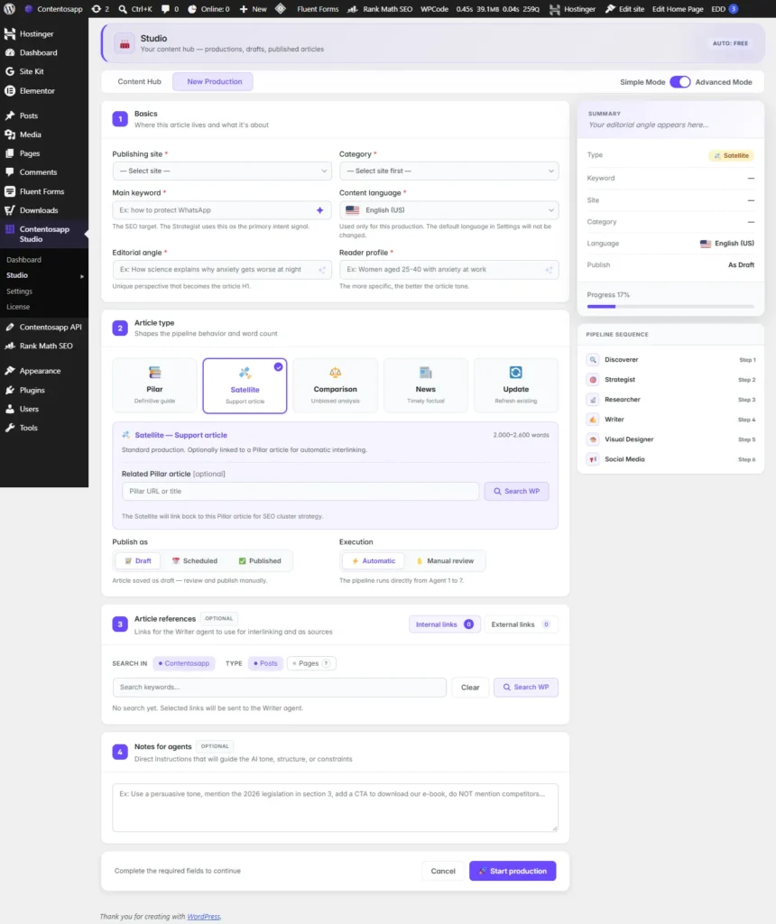 Contentosapp Studio production form in WordPress with the publish mode set to Draft, plus Scheduled and Published options