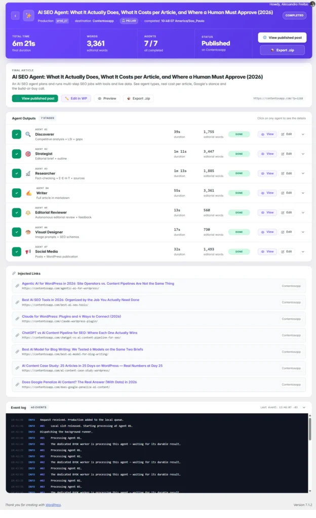 Contentosapp Studio production screen in WordPress listing the seven agents with their status and model time