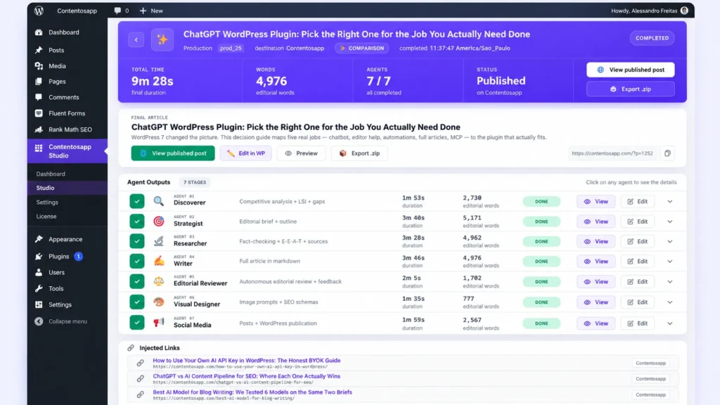 Contentosapp Studio in WordPress showing a completed seven-agent production, article output and publishing status