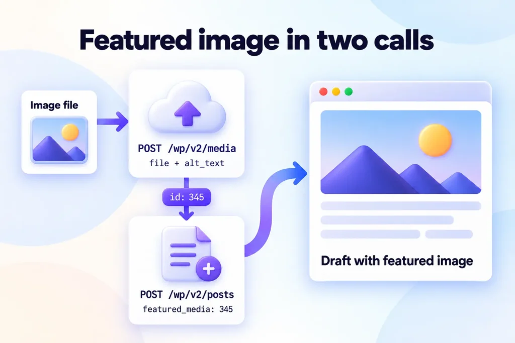 Featured image in two calls: upload to /wp/v2/media with file and alt_text, then send the returned ID as featured_media