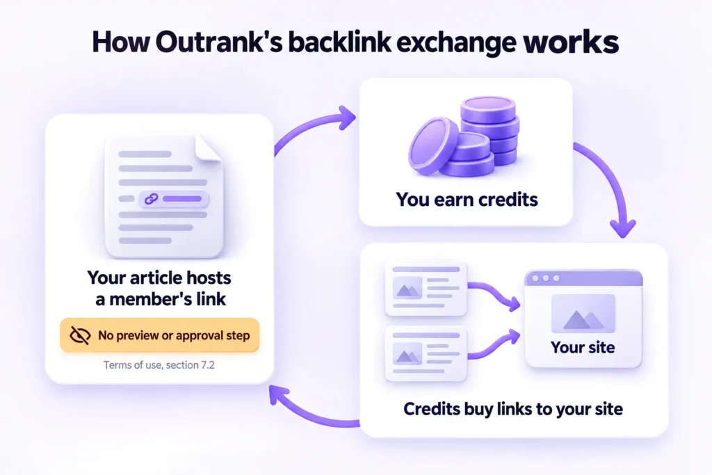 How Outrank's backlink exchange works: your articles host members' links, earning credits that buy links to your site